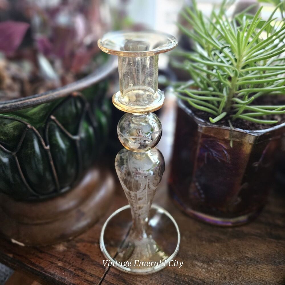 Vtg Egyptian Glass Single Light Candlestick Amber Etch Iridescent candle holder